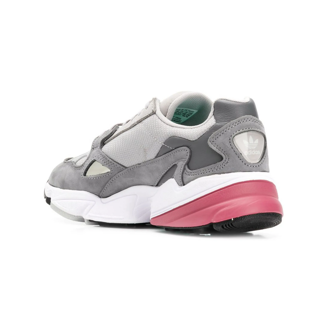 Adidas FALCON GREY Women shoes with grey leather upper and pink sole, showcasing innovative sports design.