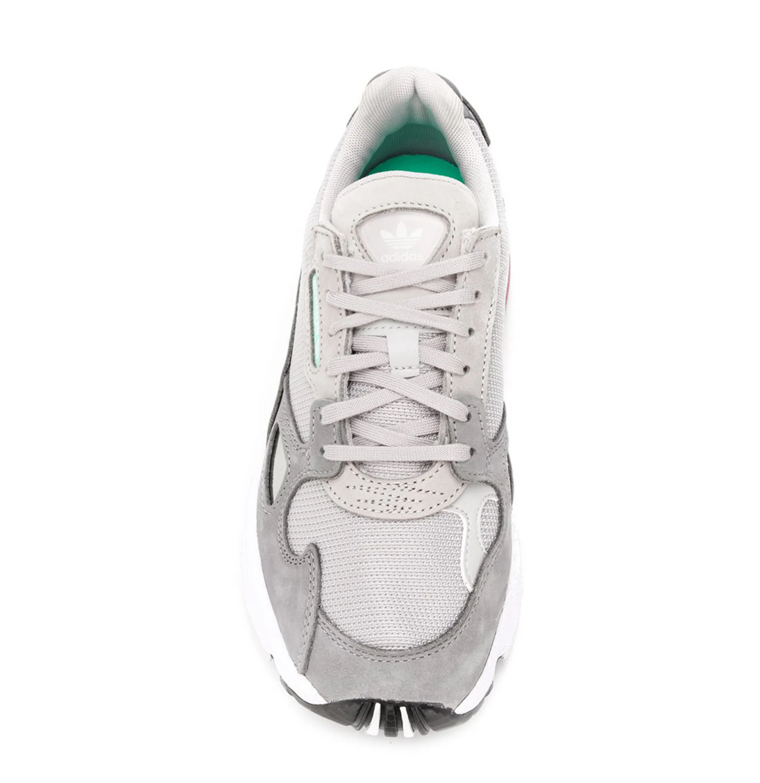 Adidas FALCON GREY Women shoe from top view, featuring a grey suede and mesh upper with white rubber sole.