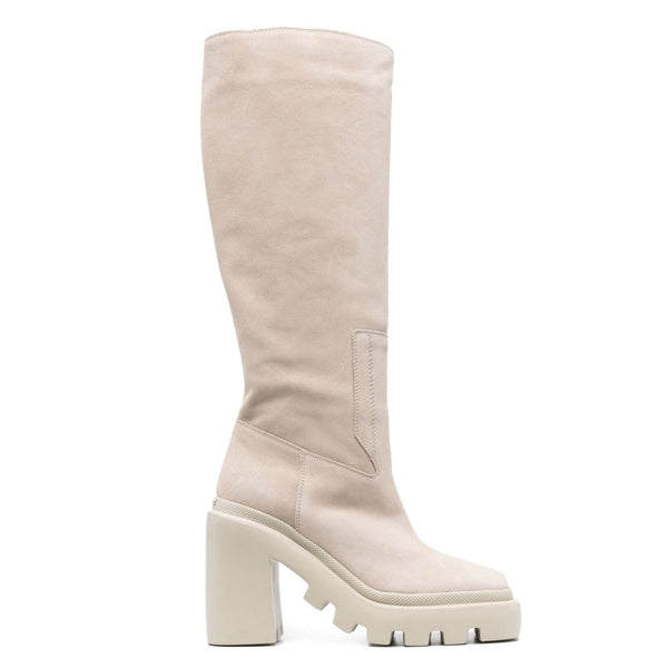 Cizme dama din piele naturala intoarsa nude Vic Matié cu toc gros, design tubular, inaltime 41 cm.