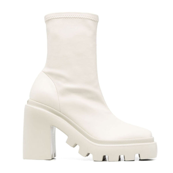 Botine dama din piele ecologica, alb unt, cu toc inalt de 10.5 cm, design modern Vic Matié, Colectia Toamna Iarna 2024.