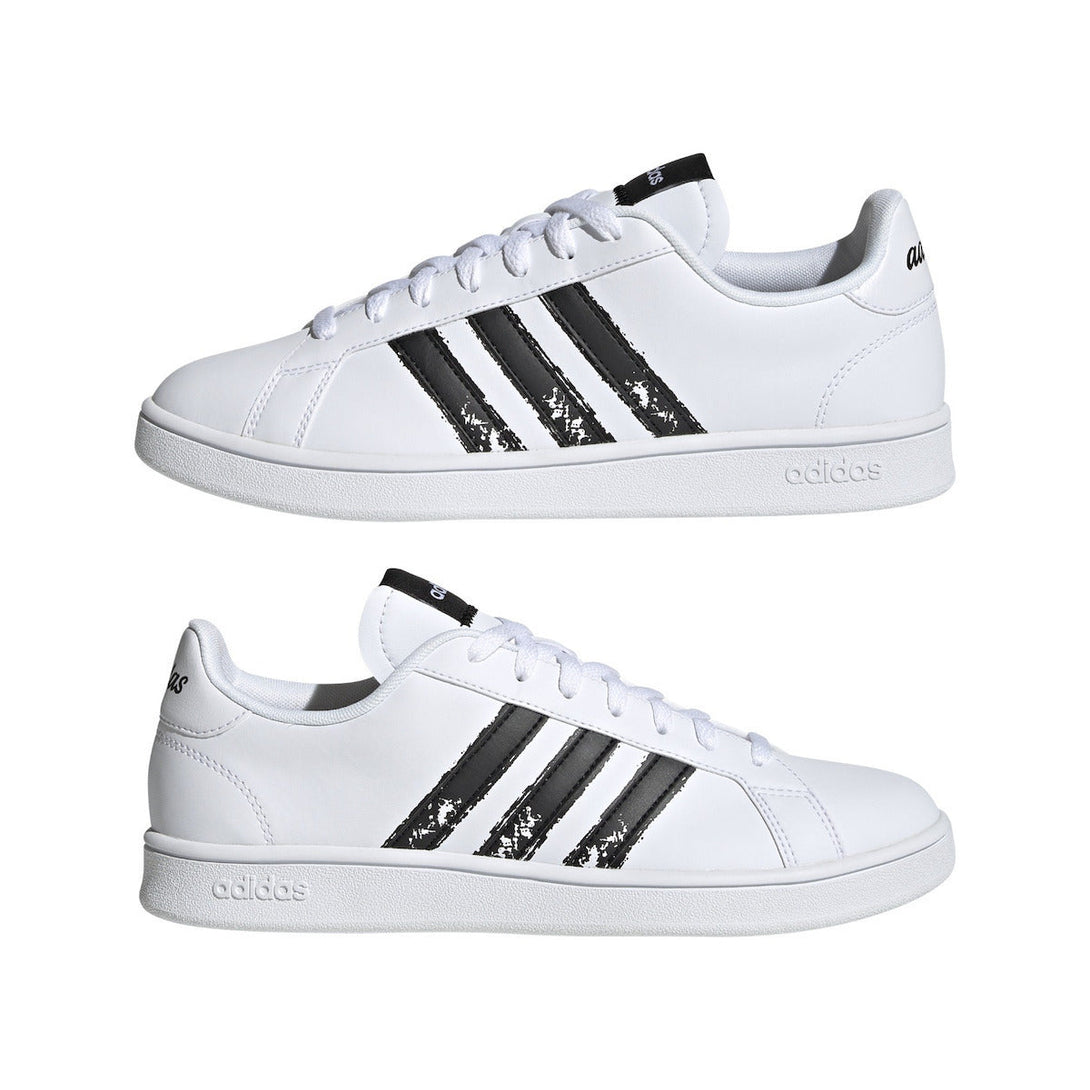Adidas GRAND COURT BASE BEYOND Women white sneakers with black stripes, combining retro and modern styles.