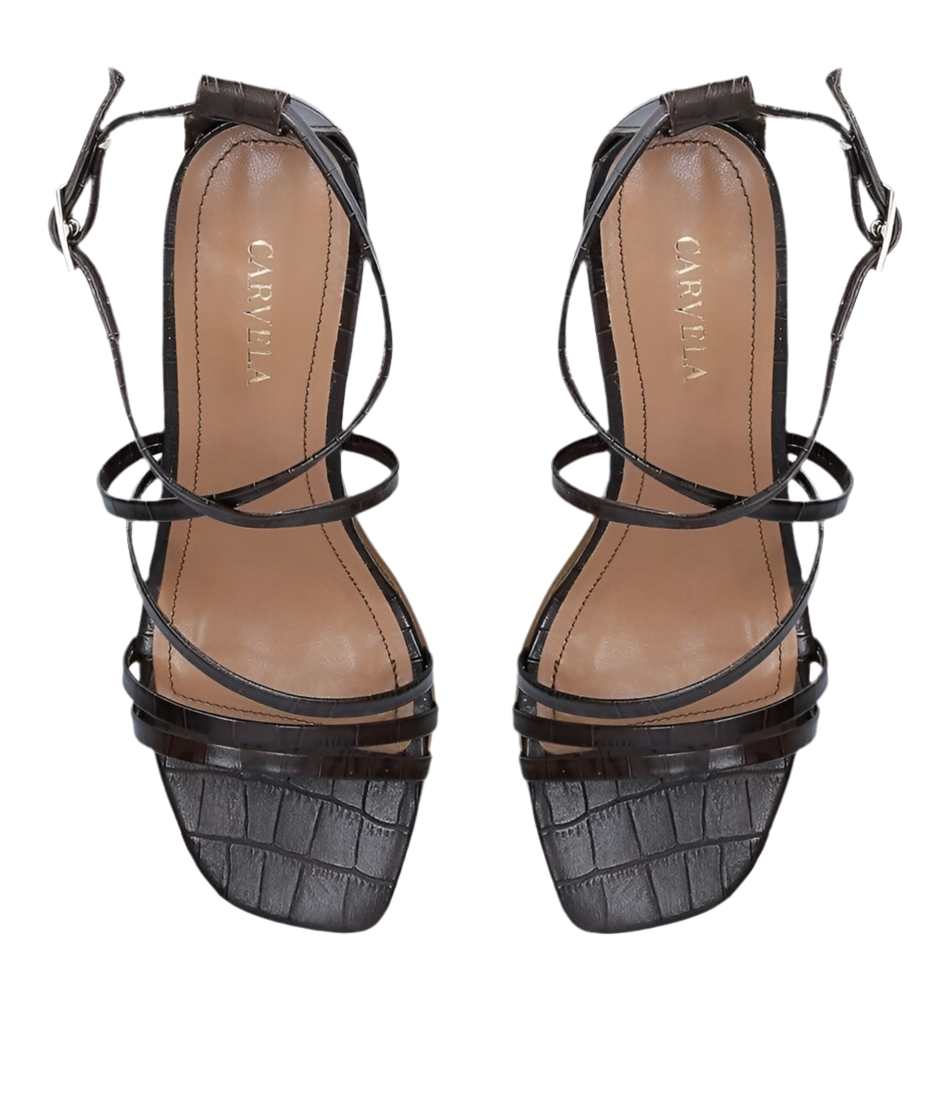 Carvela Croc Print Leather Keel heels in dark brown, natural leather, 7 cm heel, ankle strap closure, summer 2025 collection.