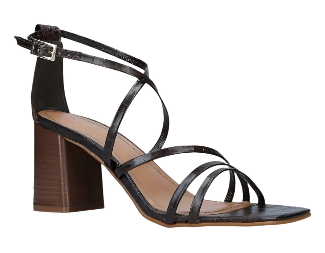 Sandale dama piele naturala, maro inchis, Carvela cu toc de 7 cm si model crocco, curea pe glezna.