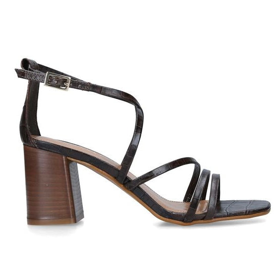 Sandale dama piele naturala, maro inchis, Carvela Croc Print, toc de 7 cm, curea pe glezna, colectia vara 2025.