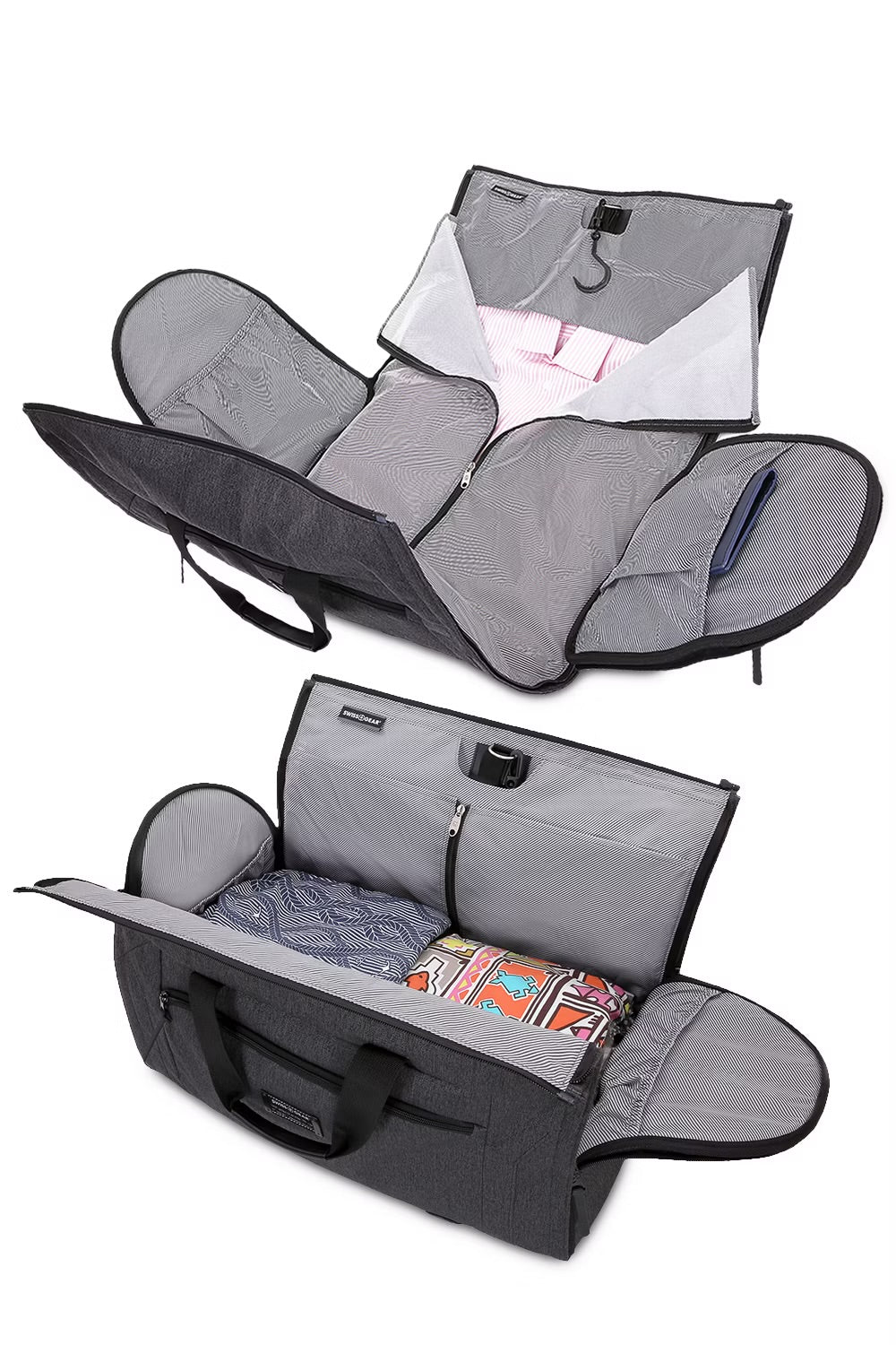 Geanta barbati SWISSGEAR 7638 gri inchis deschis, aratand compartimentele pentru haine si accesorii.