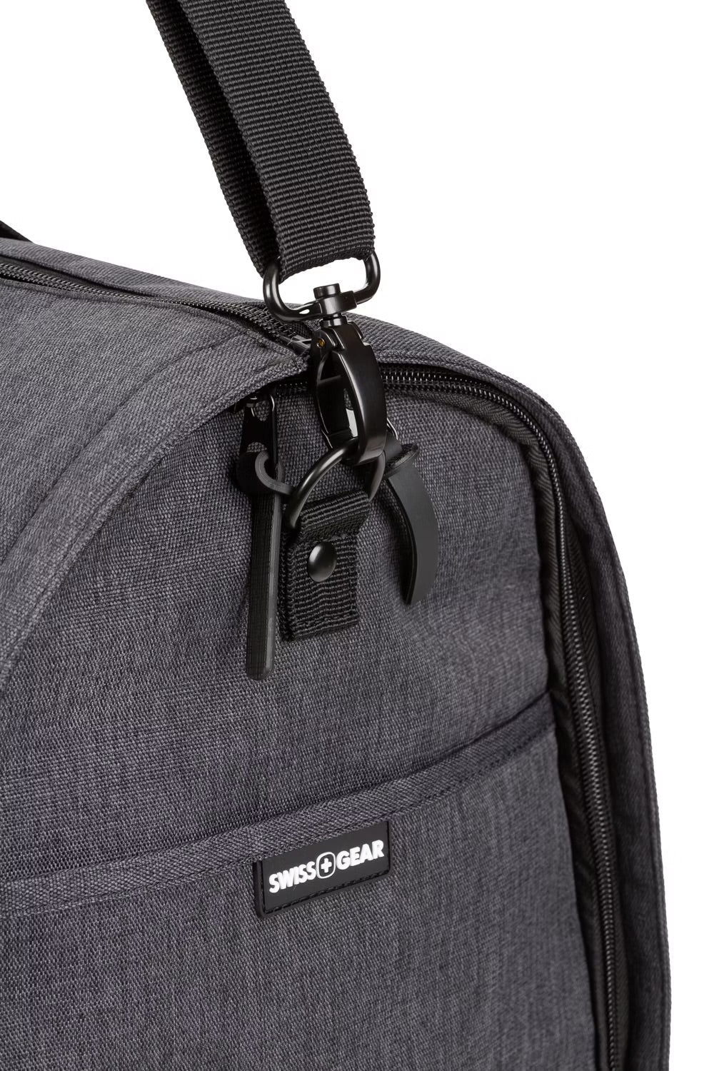 Close-up of SWISSGEAR 7638 gray business travel bag featuring zipper closure and durable fabric.
