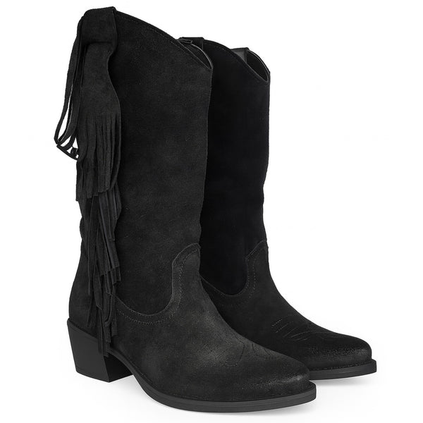 Ciocate dama din piele naturala intoarsa cu franjuri, negru - Made in Italy 03 Nero