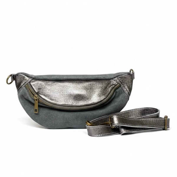 Borseta pentru femei din piele naturala intoarsa, gri laminat- Made in Italy