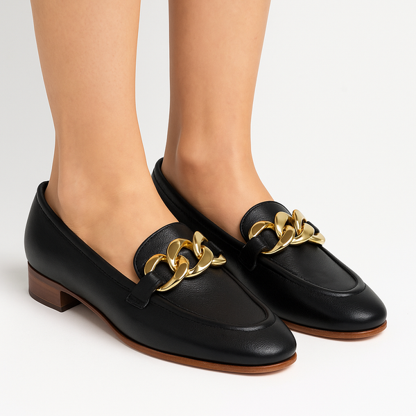Pantofi dama negru din piele naturala Rebecca M@Lucchi cu detaliu din lanturi aurii, talpa flexibila, colectia Primavara/Vara 2025.