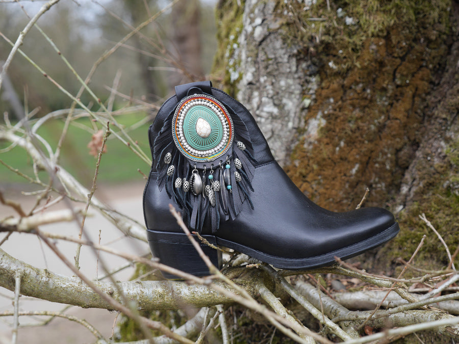 Black leather ankle boot with embellished detail, perfect for autumn fashion and made in Italy.