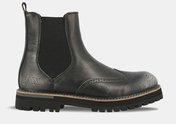 Ghete barbati din piele naturala negru SAX, stil modern, perfecta pentru toamna-iarna 2024, confortabile si durabile.