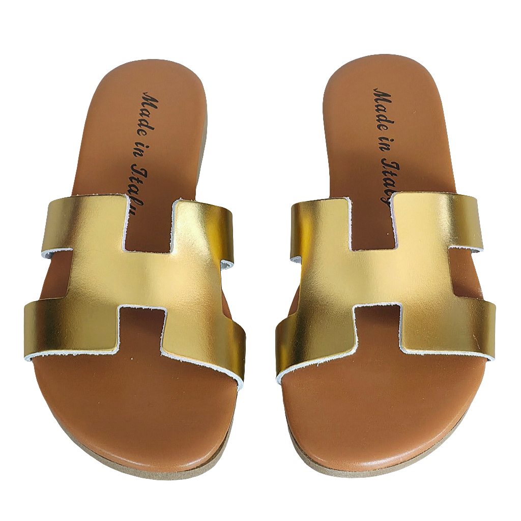 Auriu papuci dama din piele naturala, Made in Italy, Art 999 Laminato Oro, Colectia Vara 2024.