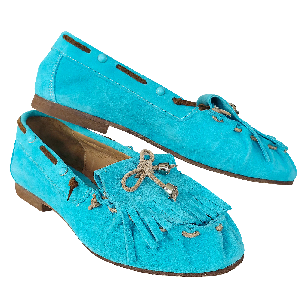 Pantofi casual dama din piele naturala intoarsa, turcoaz, cu franjuri, inchidere cu șnur, 1 cm toc, made in Italy.