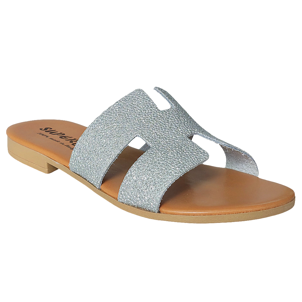 Papuci dama din piele naturala argintii, model elegant din colectia Vara 2025, fabricati in Italia.