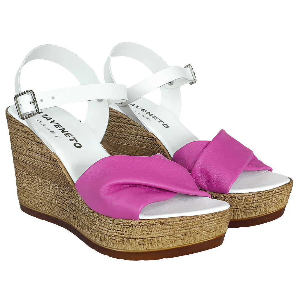 Sandale dama din piele naturala alb/fucsia cu platforma, fabricat in Italia, Colectia Vara 2025.