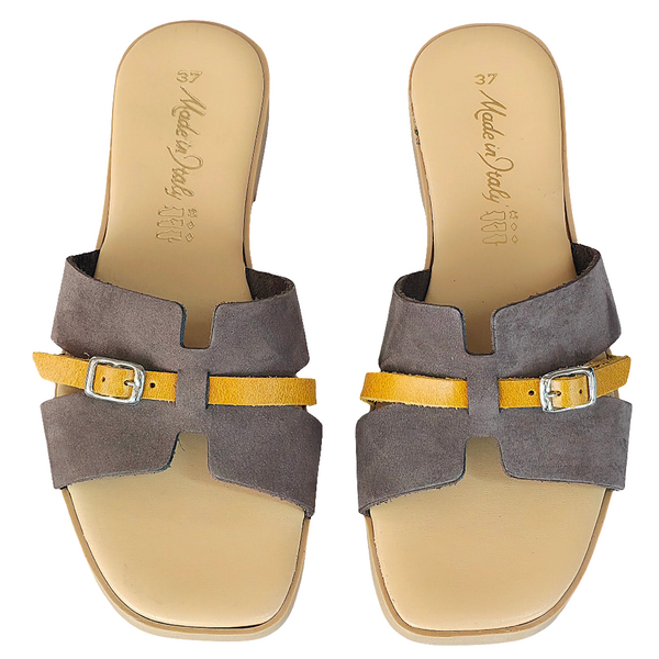 Papuci dama din piele naturala maro cu detalii galbene, fabricate in Italia, Colectia Vara 2025.