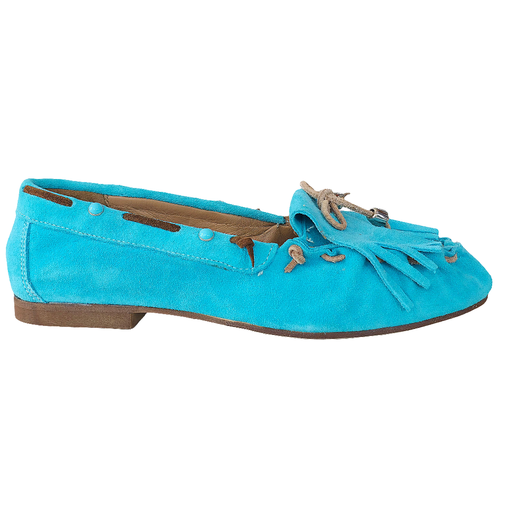 Pantofi casual dama din piele intoarsa turcoaz, cu detalii franjurate, confortabili, made in Italy, 1 cm toc.