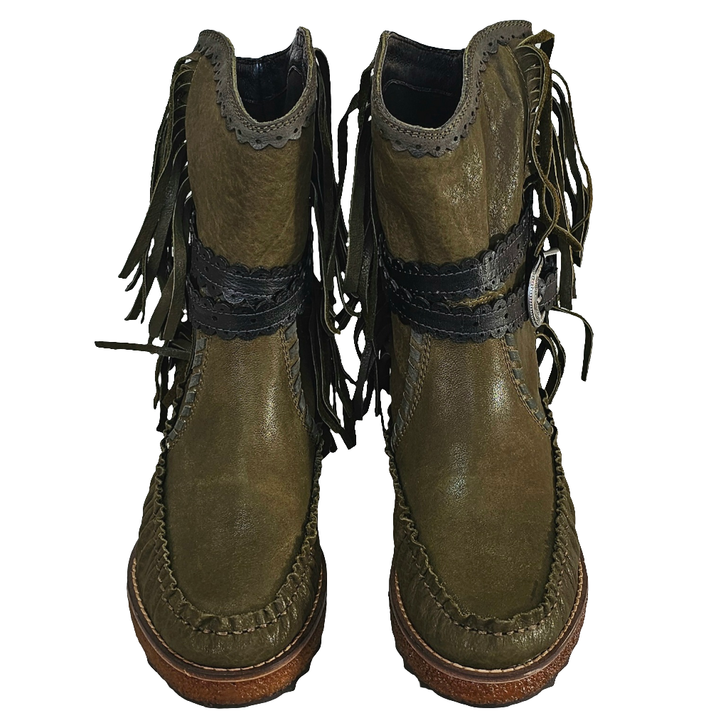 Ghete dama din piele naturala verde kaki, model tubular cu franjuri, colectia Toamna Iarna 2024, Made in Italy.