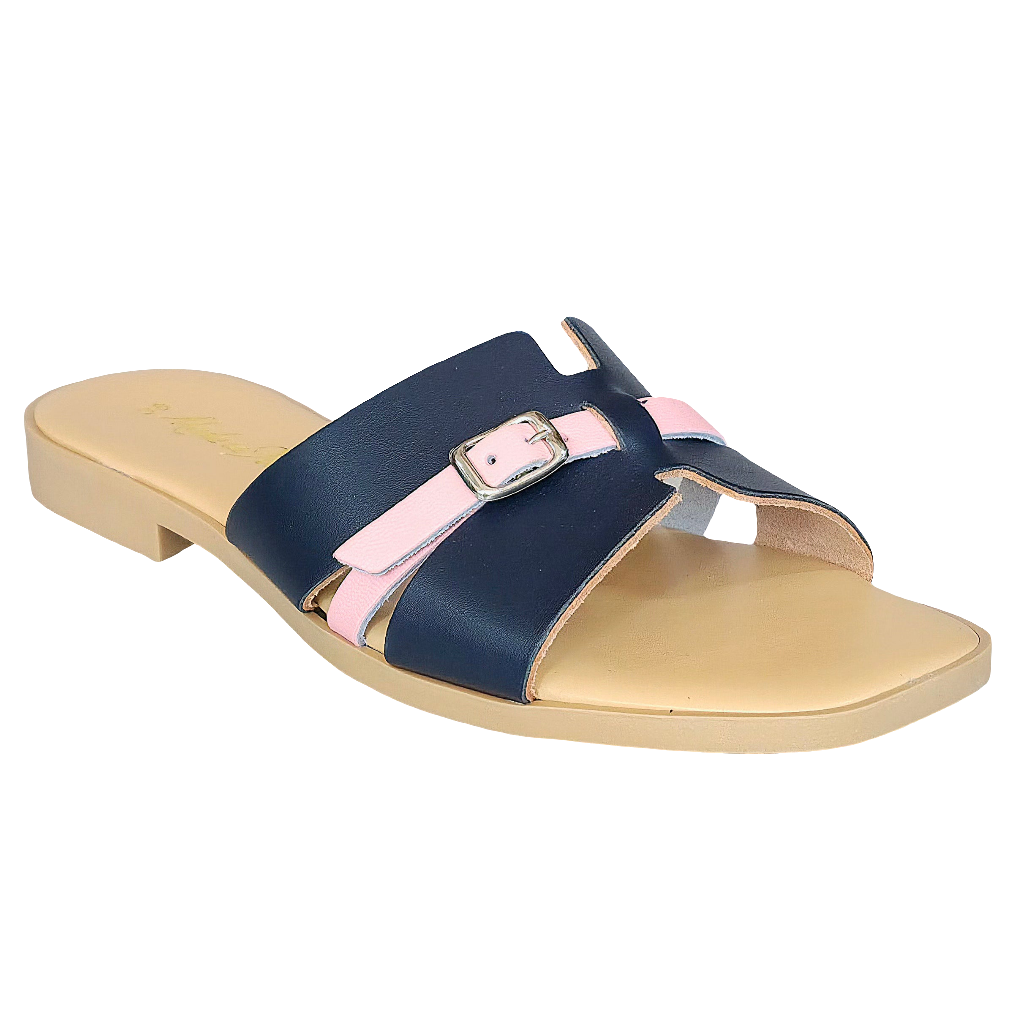 Papuci dama din piele naturala bleumarin cu detalii roz, Made in Italy, Colectia Vara 2025, Manuela Blu.Rosa.