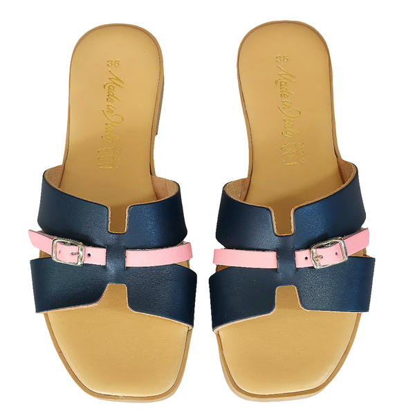 Papuci dama din piele naturala bleumarin cu detalii roz, Made in Italy, colectia Vara 2025, Manuela Blu.Rosa.