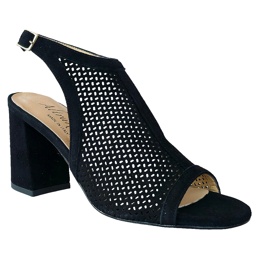 Sandale dama din piele intoarsa, negru, cu toc de 8.5 cm, design elegant, Made in Italy, Colectia Vara 2025.