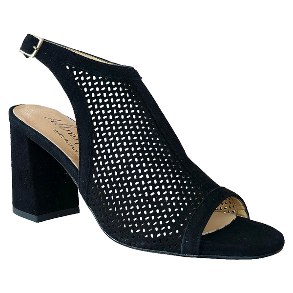 Sandale dama din piele intoarsa, negru, cu toc de 8.5 cm, design elegant, Made in Italy, Colectia Vara 2025.