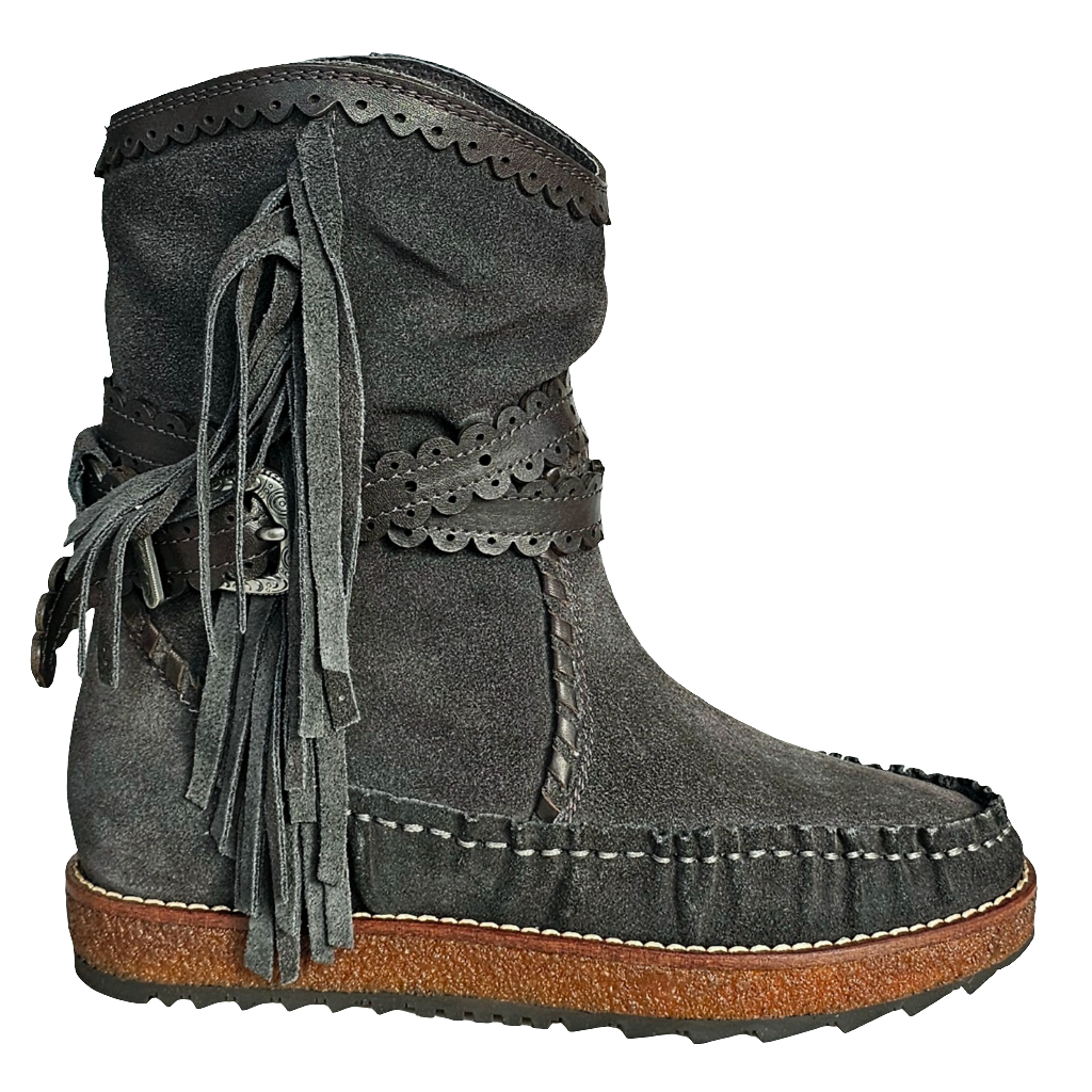 Ghete dama din piele naturala intoarsa gri, model tubular cu franjuri, parte superioara elastica, Colectia Toamna Iarna 2024.