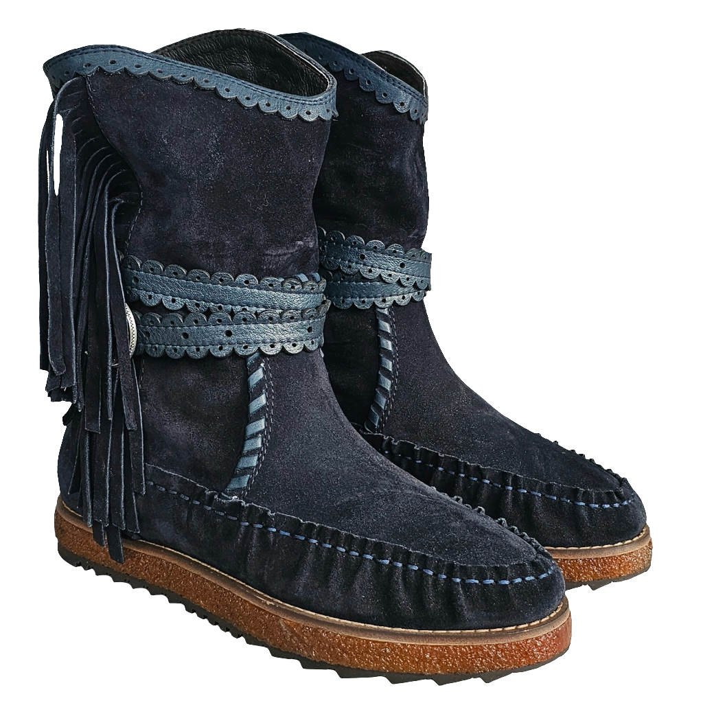 Ghete dama din piele naturala intoarsa bleumarin, model tubular, cu franjuri, colectia Toamna Iarna 2024, Made in Italy.