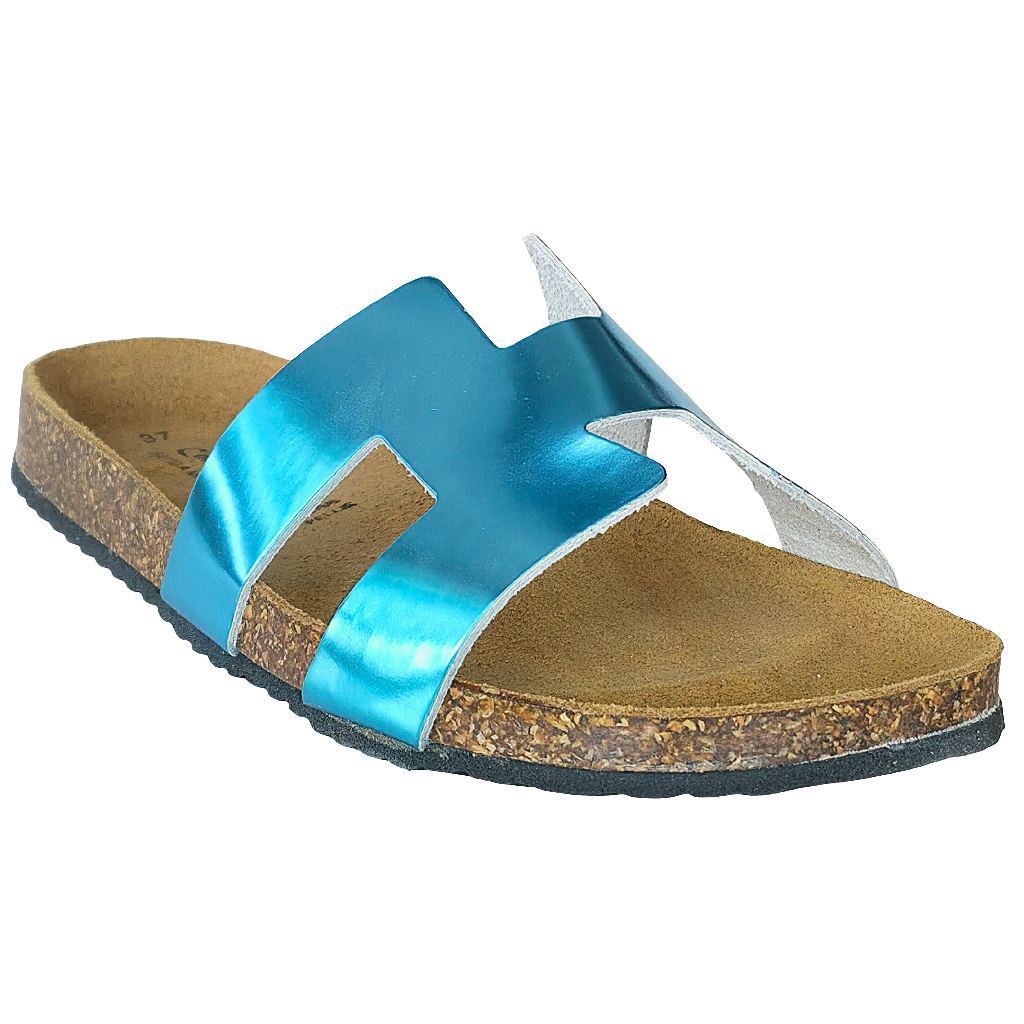 Papuci dama din piele naturala bleu sidef, Made in Italy, colectia Vara 2025, inaltime talpa 2 cm