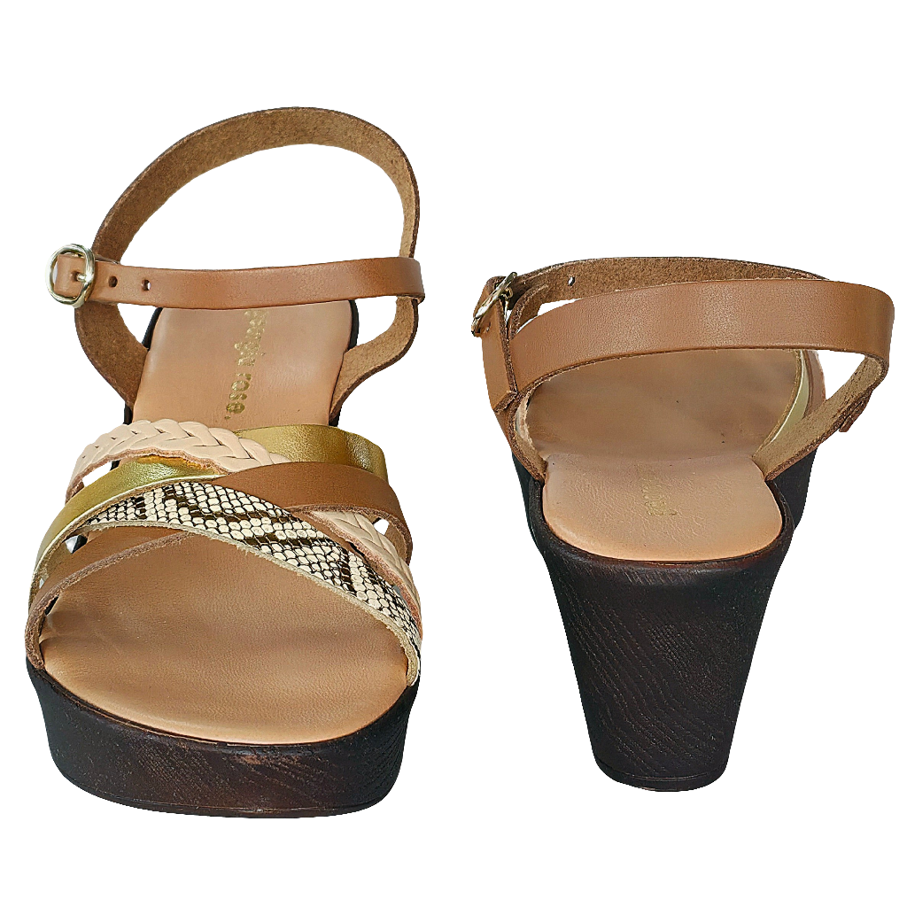 Sandale dama din piele maro, cu detalii aurii, platforma de 6,5 cm, Made in Italy, colectia Vara 2025.