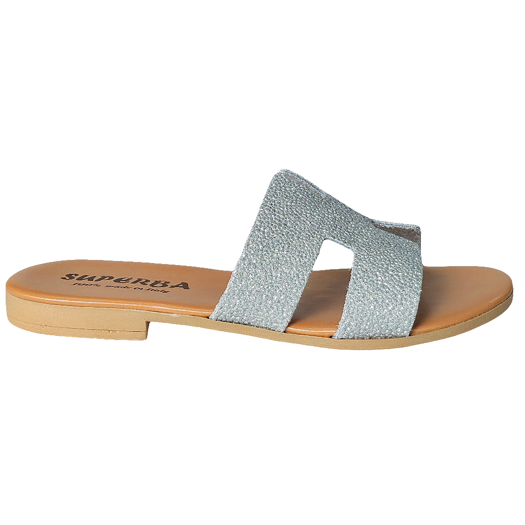 Papuci dama din piele naturala, argintii, colectia Vara 2025, confortabili, made in Italy, marca Superba.