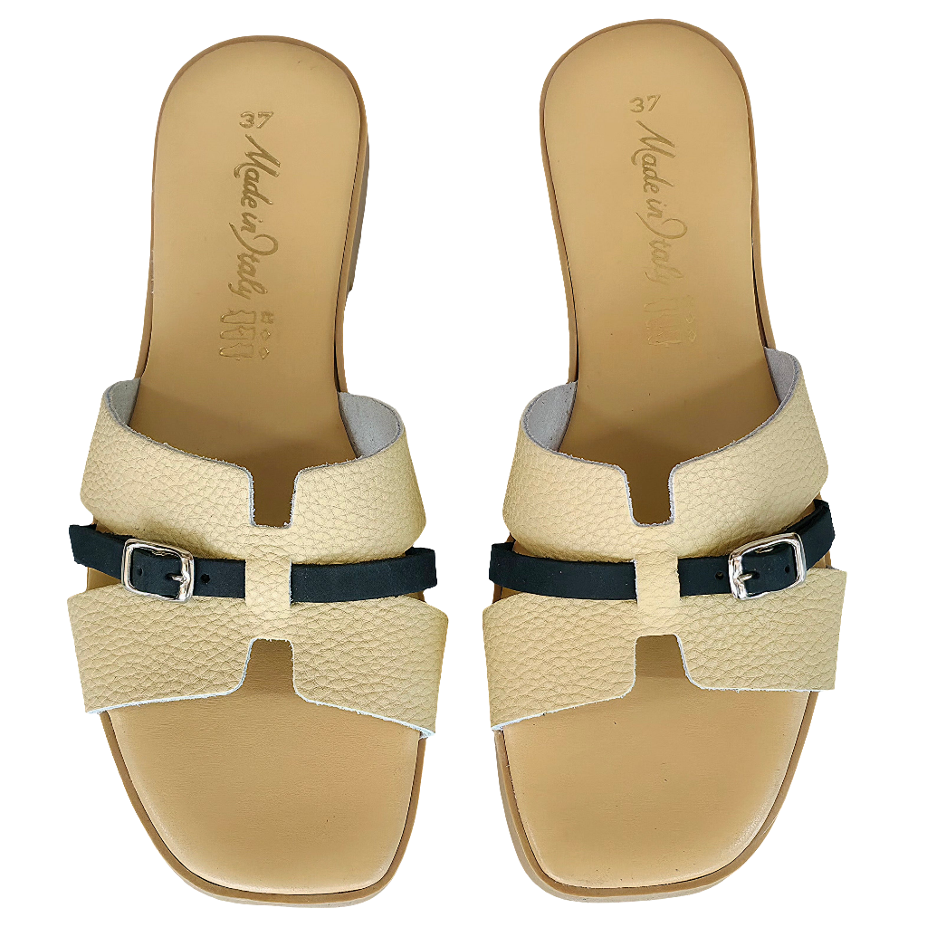 Papuci dama din piele naturala, nude-negru, Made in Italy, colectia vara 2025, confortabili si eleganti.