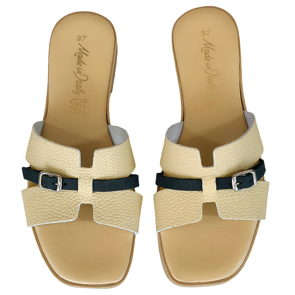 Papuci dama din piele naturala, nude-negru, Made in Italy, colectia vara 2025, confortabili si eleganti.