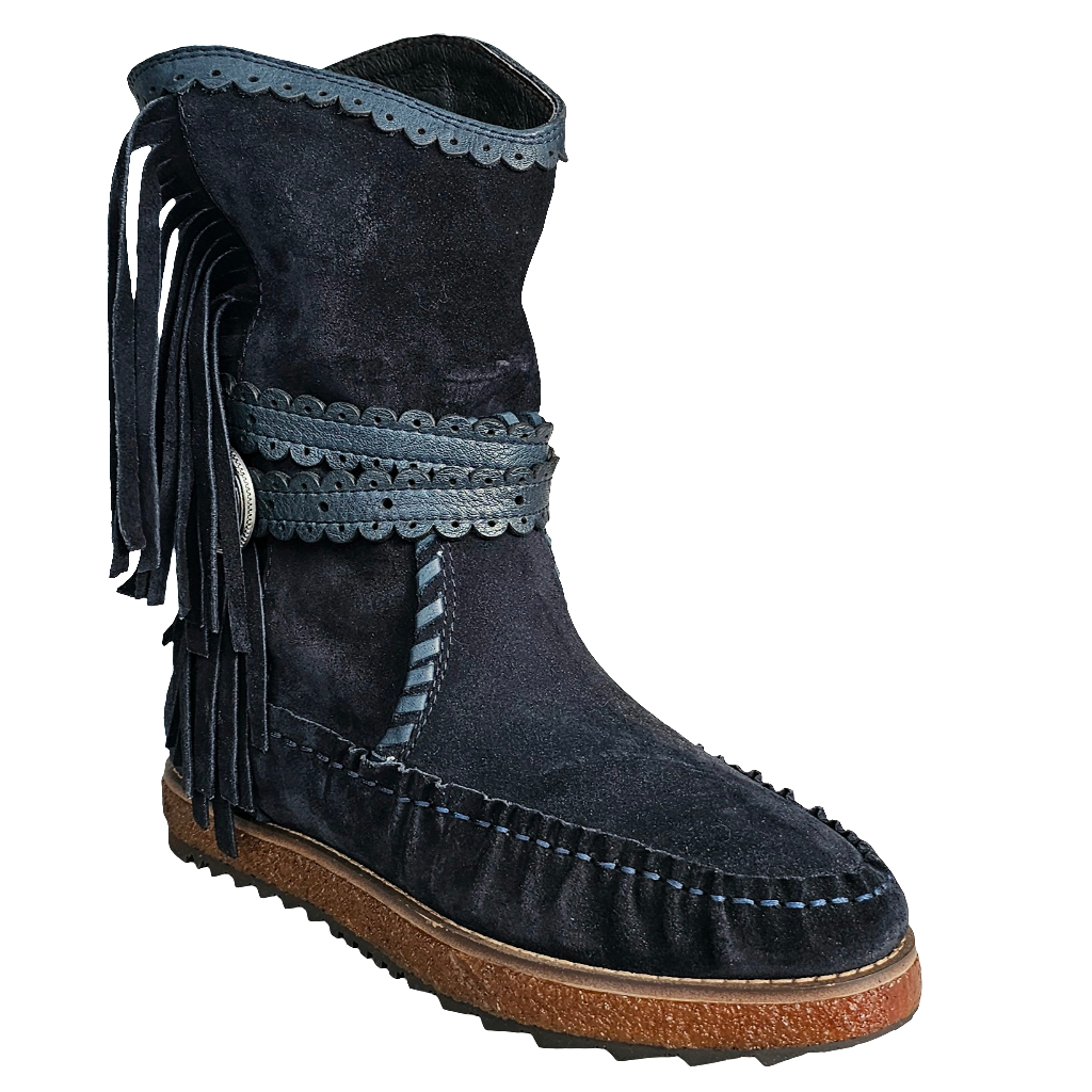 Ghete dama din piele intoarsa bleumarin cu detalii franjurate, model tubular, Colectia Toamna Iarna 2024, realizate in Italia.