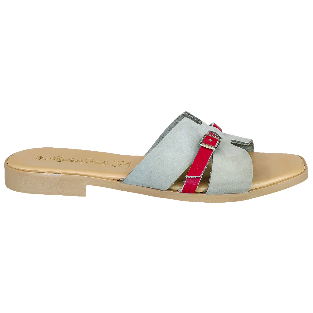 Papuci dama din piele nabuk gri/rosu, Made in Italy, colectia Vara 2025, confortabili si eleganti.