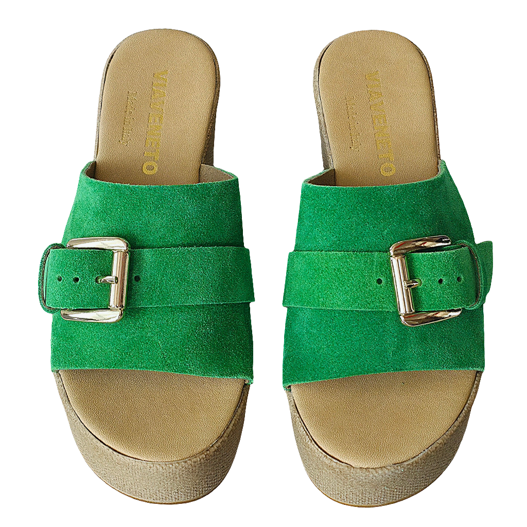 Papuci dama din piele intoarsa verde, cu catarama, platforma de 6.5 cm, Made in Italy, colectia Vara 2025.