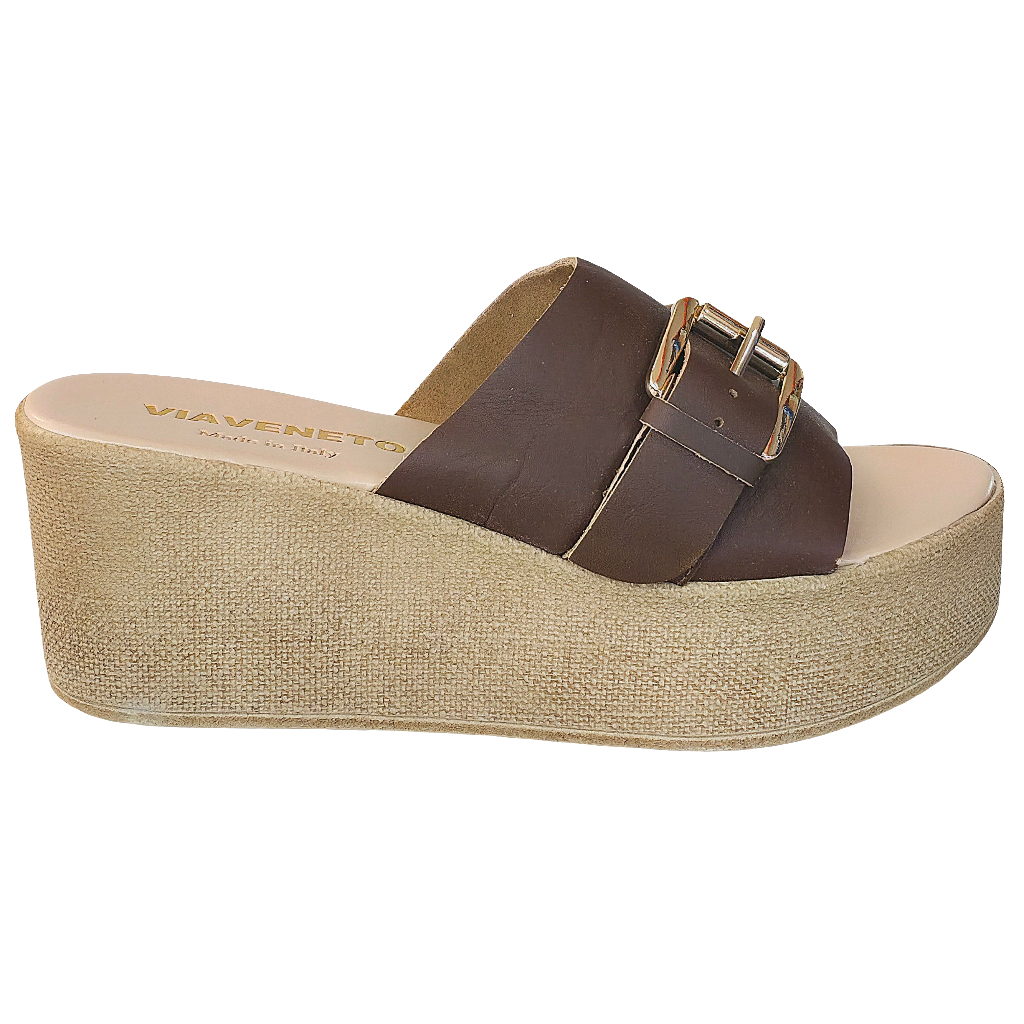 Papuci dama din piele naturala, maro, cu talpa din piele ecologica, inaltime platforma 6.5 cm, Made in Italy.