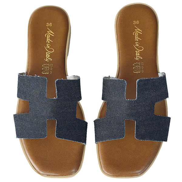 Papuci dama din piele naturala si material jens, bleumarin -Made in Italy H Jeans