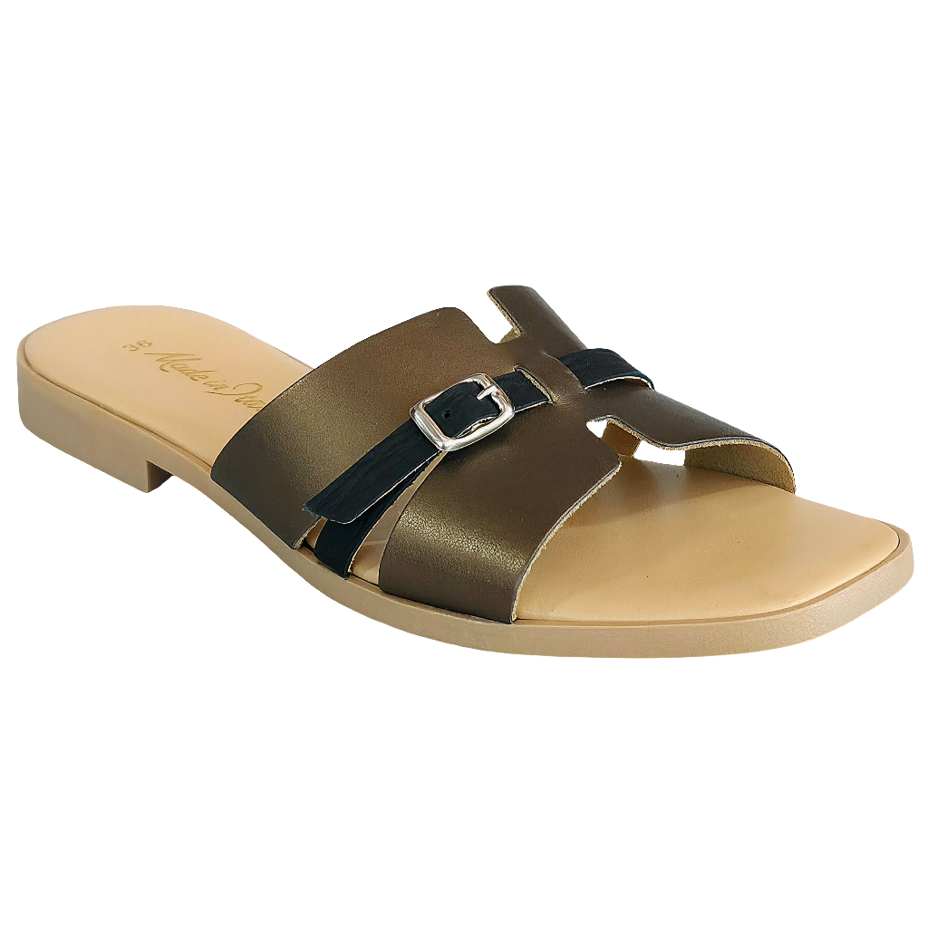 Papuci dama din piele naturala bronz/negru, confortabili, Made in Italy, colectia Vara 2025, Manuela Bronzo-R13.