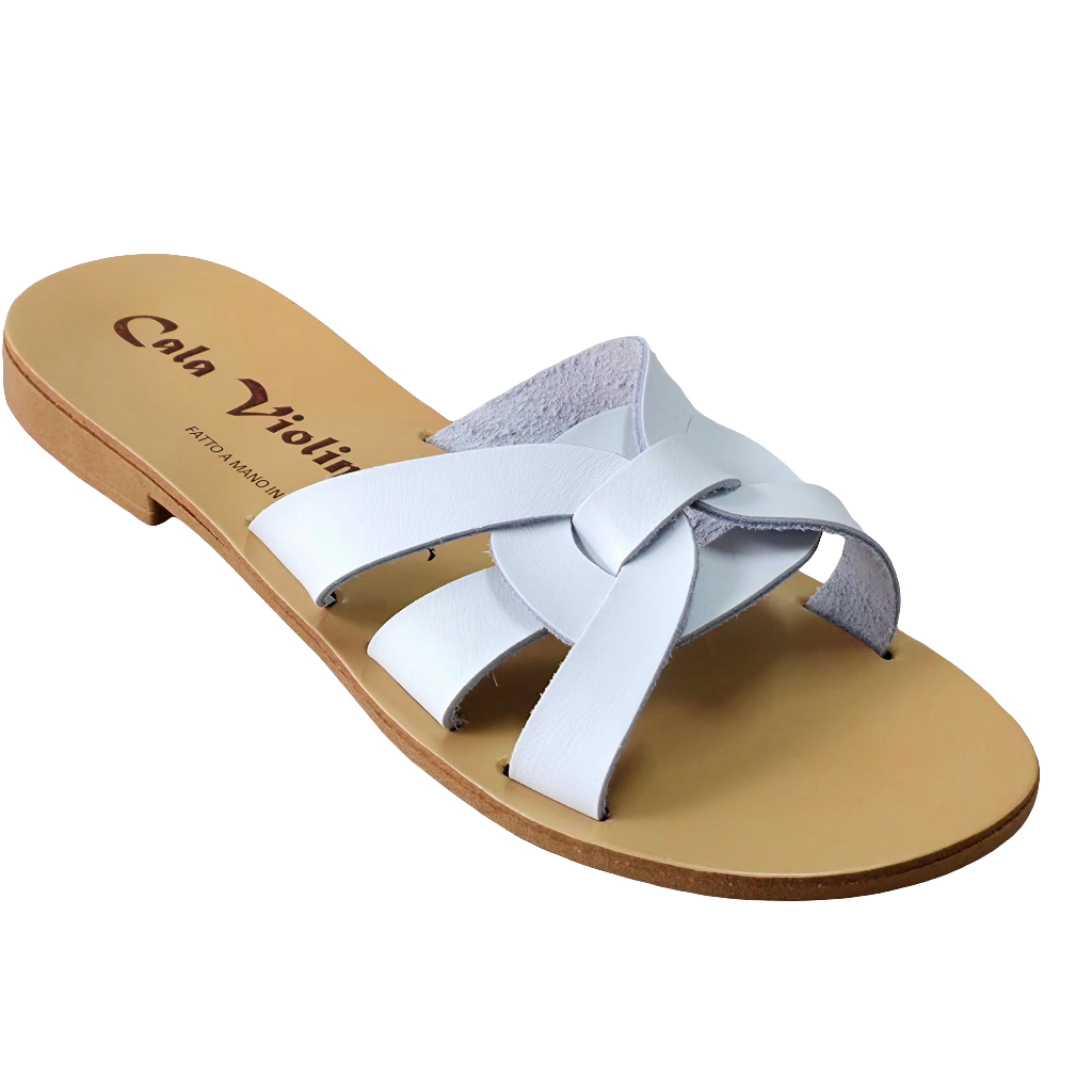 Papuci dama din piele naturala, alb, Cala Violina, Amanda Bianco, colectia Vara 2025, stil elegant, made in Italy.