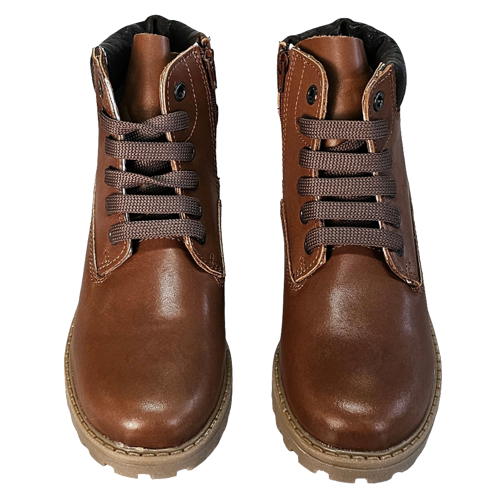 Ghete copii din piele naturala maro, model unisex, cu sireturi, inaltime gheata 10 cm, made in Italy.