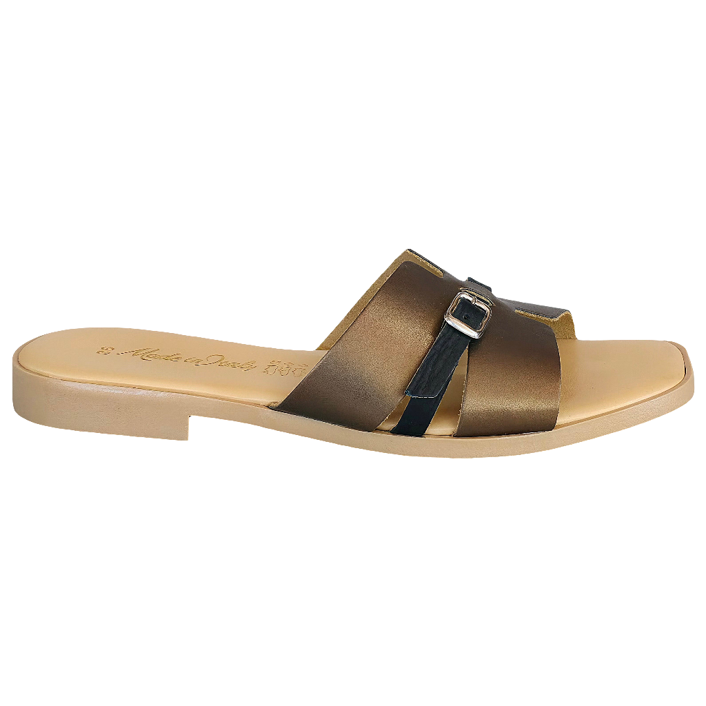 Papuci dama din piele naturala, bronz/negru, cu curea, Made in Italy, Colectia Vara 2025, Manuela Bronzo-R13