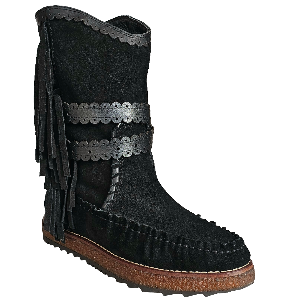 Ghete dama din piele intoarsa negru cu franjuri, colectia Toamna Iarna 2024, model tubular, made in Italy.