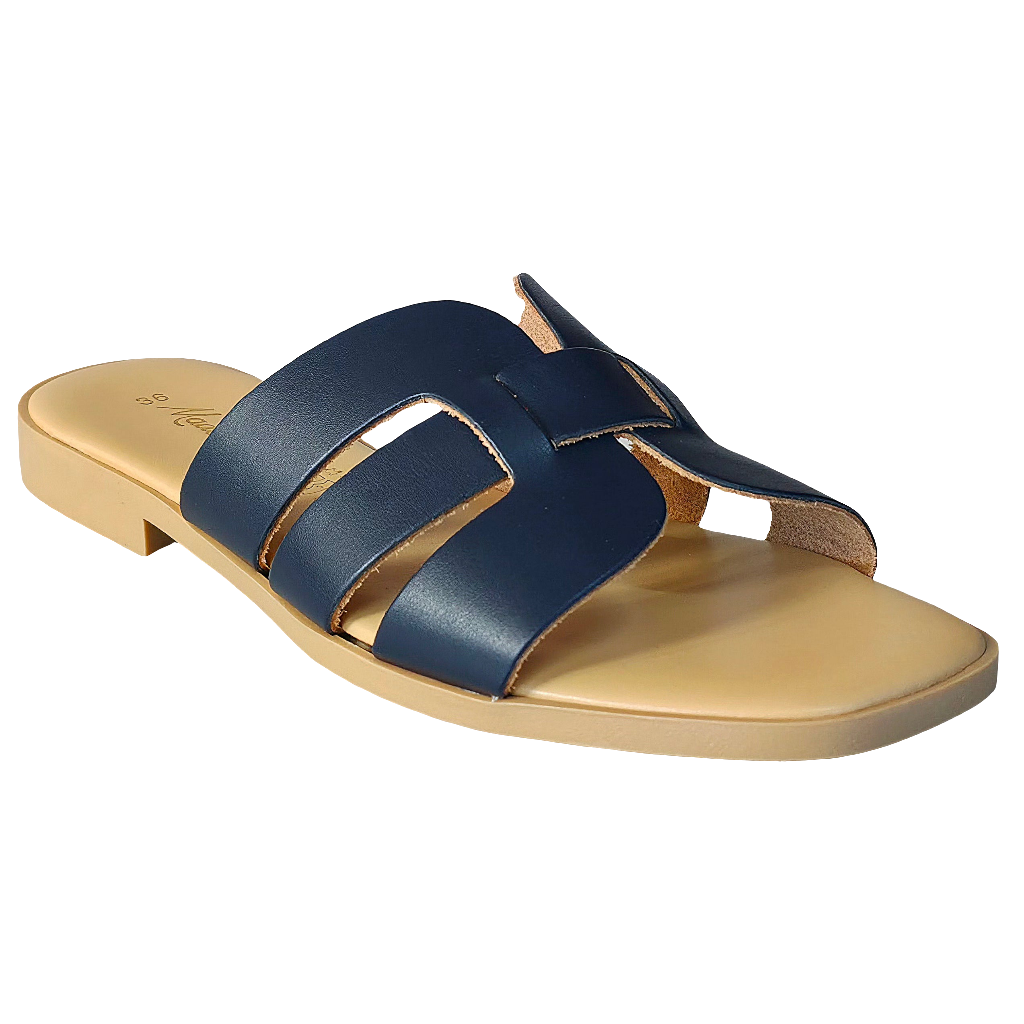 Papuci dama din piele naturala bleumarin, model elegant, confortabili, made in Italy, colectia Vara 2025.