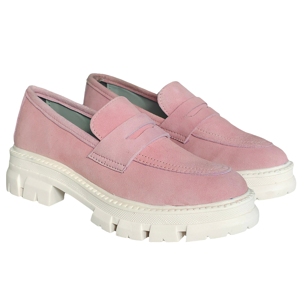 Pantofi dama din piele intoarsa roz, flexible si moi, cu talpa de spuma, colectia Primavara/Vara 2025.