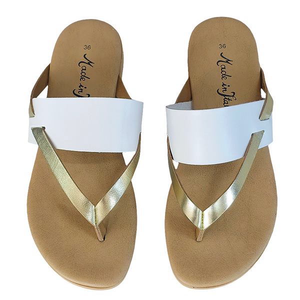 Papuci dama din piele naturala, alb/auriu -Made in Italy, Delphine Bianco/oro