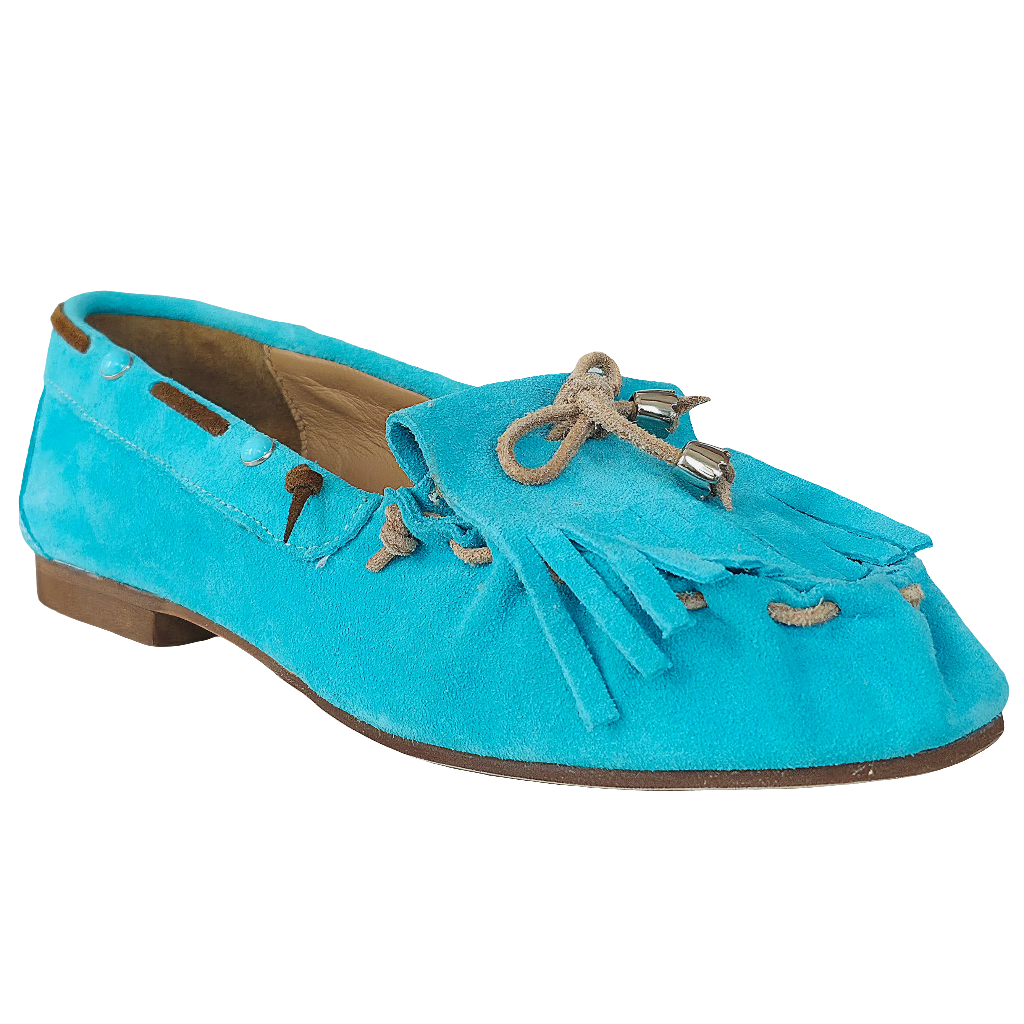 Turquoise suede casual women's flats made from natural leather, 1 cm heel, part of the Summer 2025 collection, made in Italy.