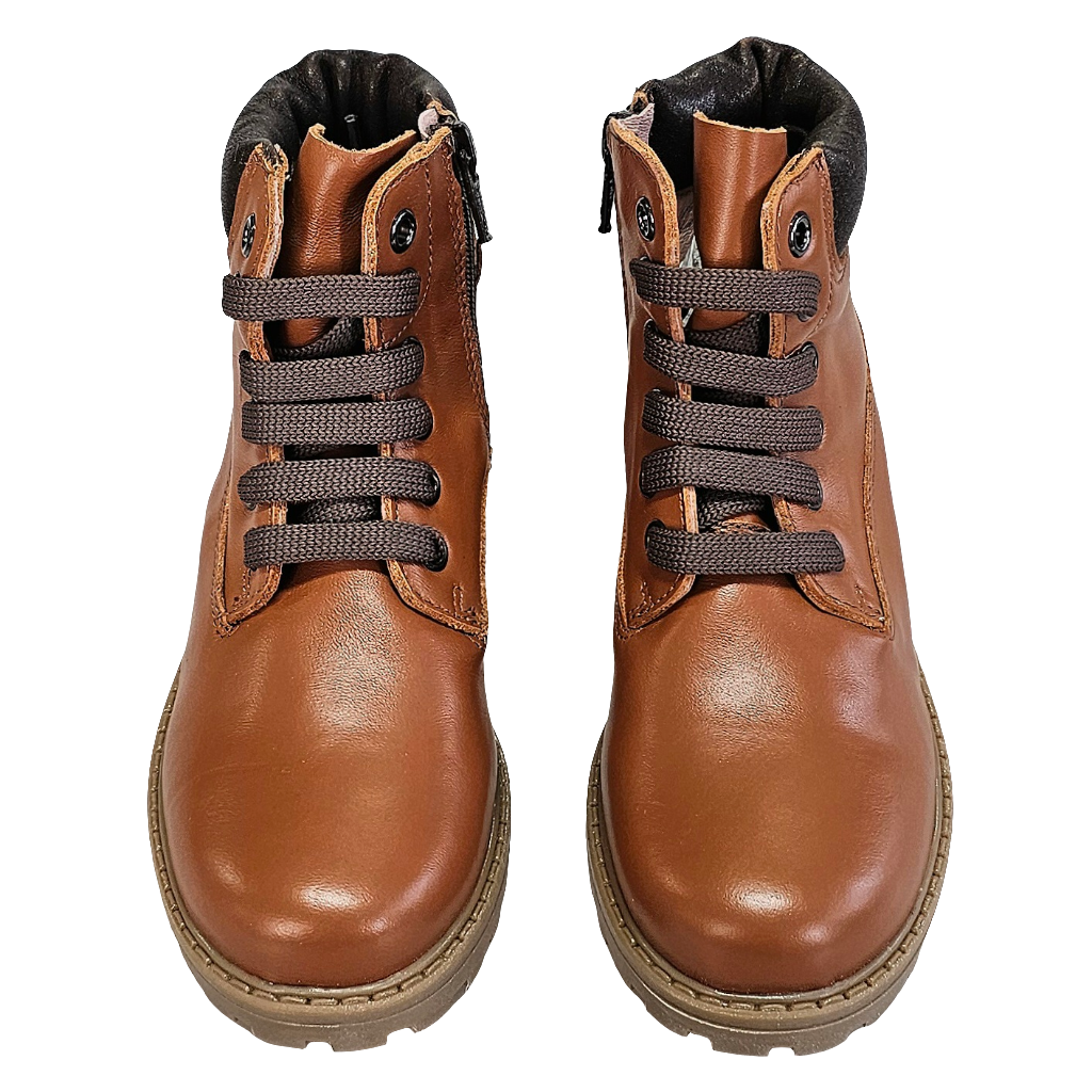 Ghete copii din piele naturala, model unisex, culoare camel, cu sireturi, pentru toamna 2024.