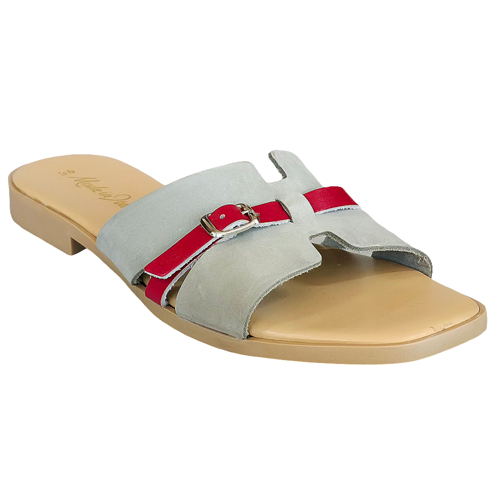 Papuci dama din piele naturala nabuk gri si rosu, Made in Italy, colectia Vara 2025, design elegant si confortabil.