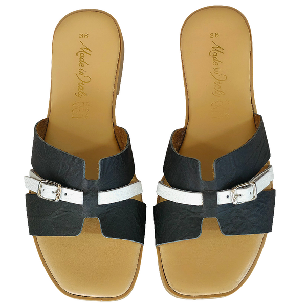 Papuci dama din piele naturala maro si alb, Made in Italy, colectia Vara 2025, confortabili si eleganti.